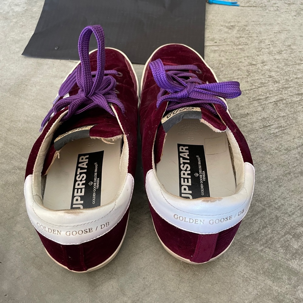 Golden Goose burgundy velvet Super Star sneakers. - Picture 8 of 9